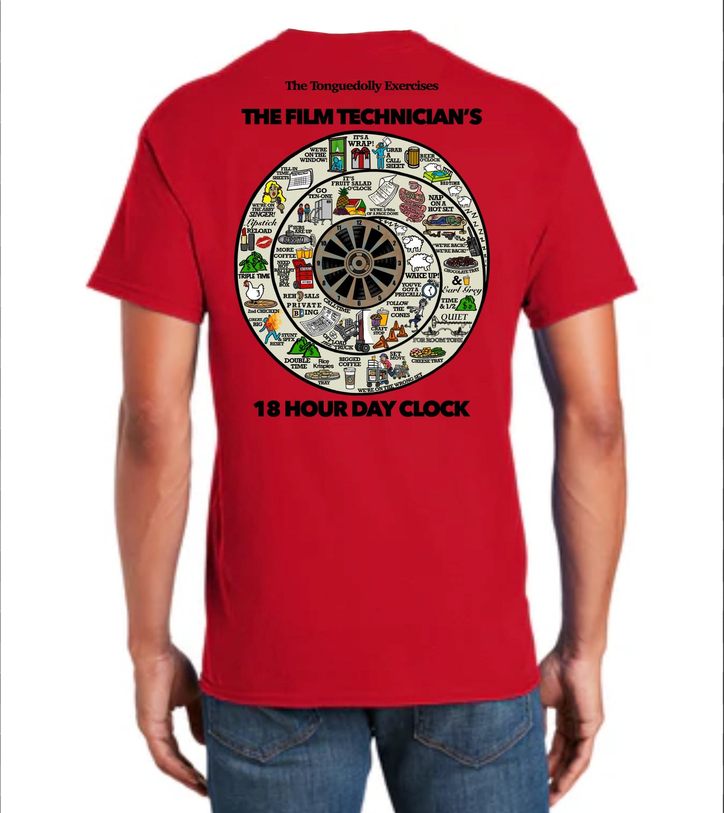 The Tonguedolly Comics, 18 hr Day Clock, w/BG, Lite, Gildan 5000 Cotton, Adult Unisex T-Shirts, BACK PRINT