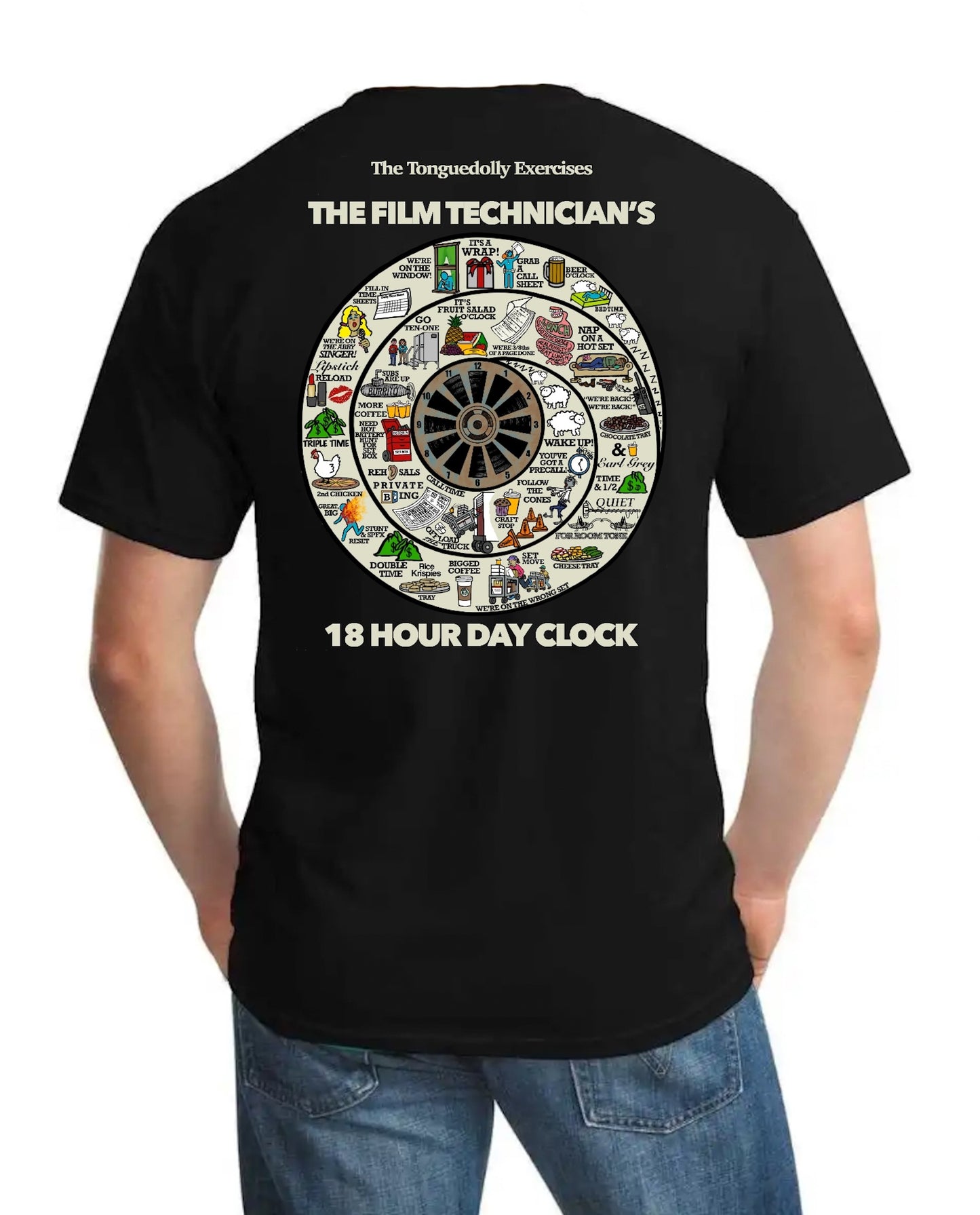 The Tonguedolly Comics, 18hr Day Clock, w/BG, Dark, Gildan 5000 Cotton, Adult Unisex T-Shirt, BACK PRINT